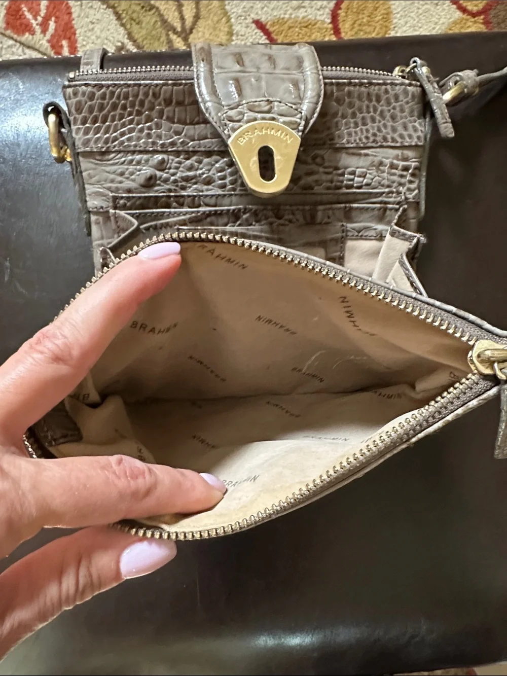 Brahmin Croc-Embossed Leather Crossbody Bag with Gold Hardware